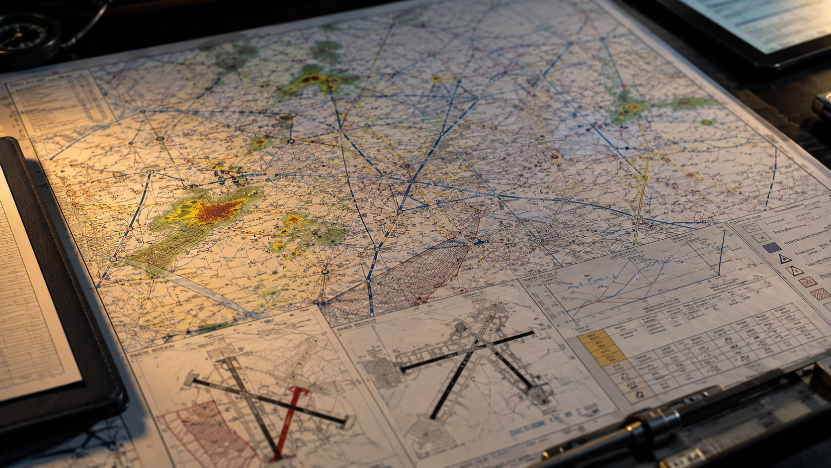 Dense aeronautical chart spread across a dark aviation operations desk, with route lines, weather overlays, airport diagrams, highlighted alternates, and a small runway-closure warning, suggesting the operational context an AI agent needs before advising.
