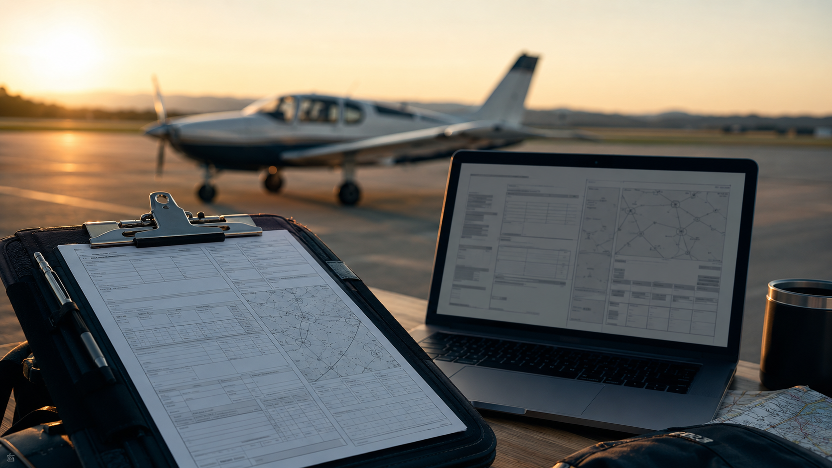 A completed flight plan on a kneeboard sits beside a laptop showing an abstract structured document, with a small aircraft waiting on the runway in warm early morning light.