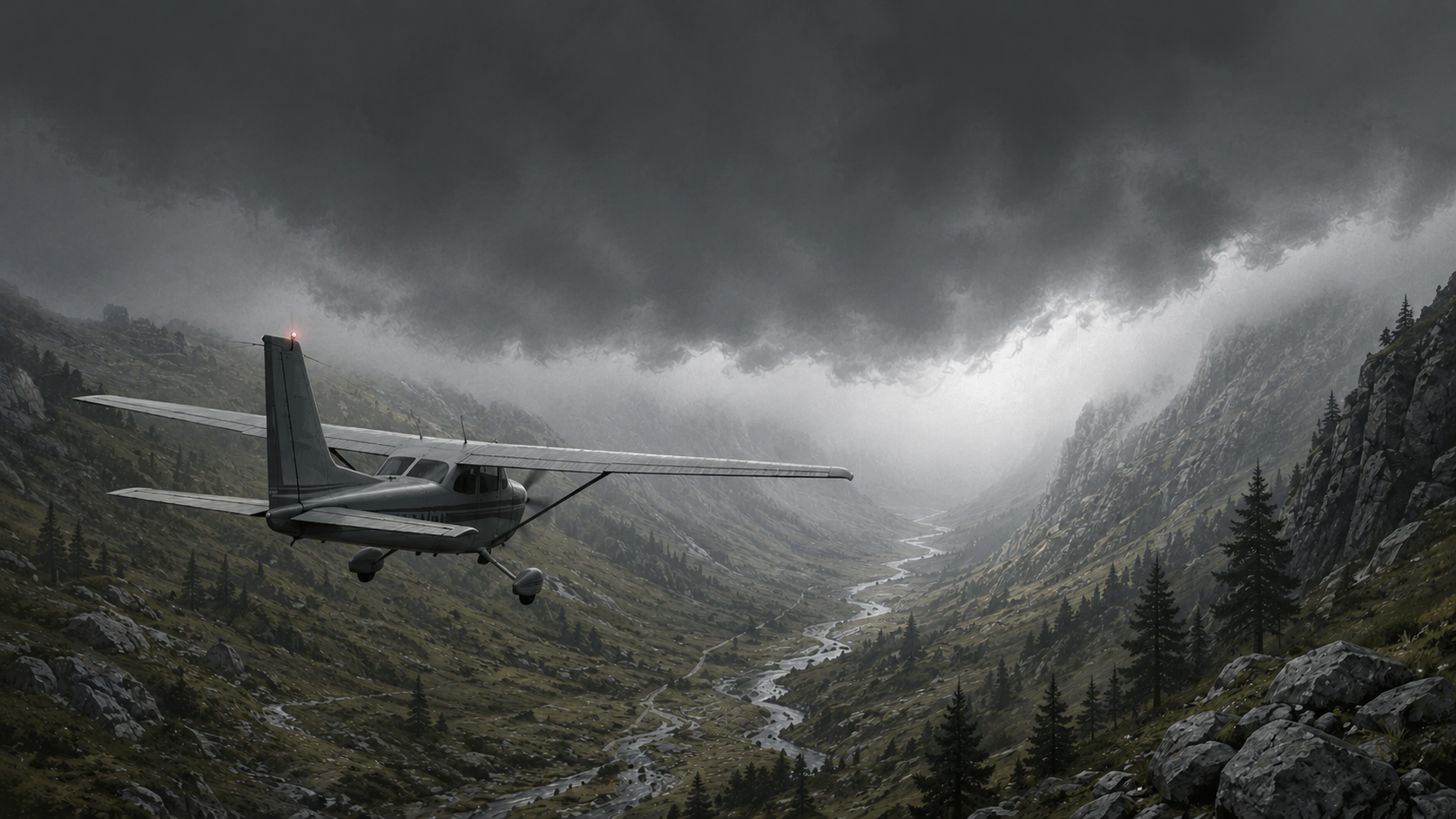 A small single-engine aircraft flies low through a narrow mountain valley beneath a heavy cloud ceiling, with rocky terrain close below and the valley ahead fading into fog.